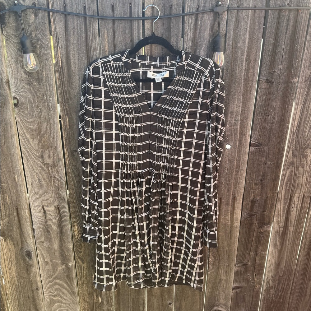 Designer Diane Von Furstenberg Black White Plaid Long Sleeve Ruffled Dress 8/Med